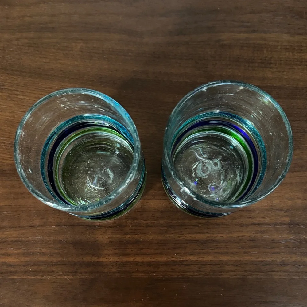 MEXICO HANDBLOWN TUMBLER GLASSES 2 SET STRIPES Cobalt Aqua Green Barware 12 oz